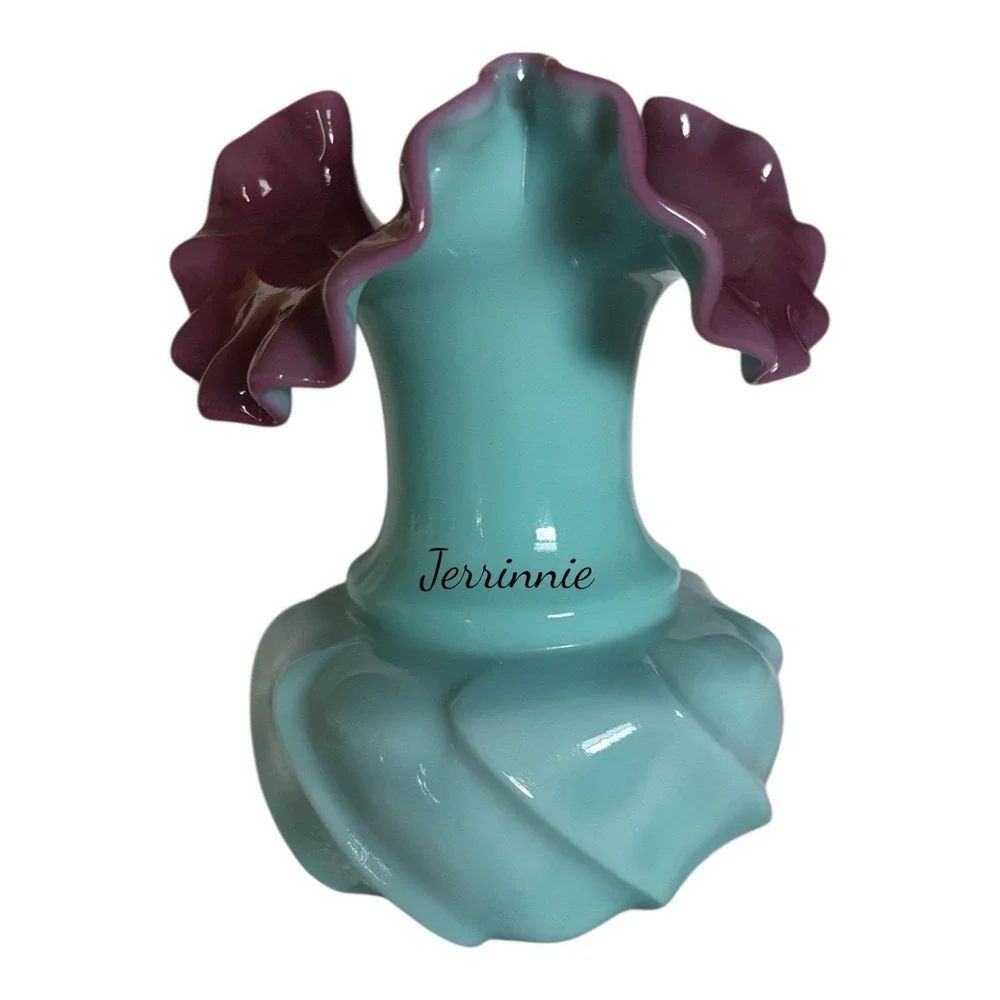 Fenton Art Glass Cased Glass Vace With Lilac And Turquoise